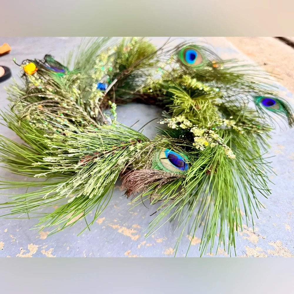17” PEACOCK FEATHER Maximalist Wreath w Gems & Crystals on Grapevine Ring Base